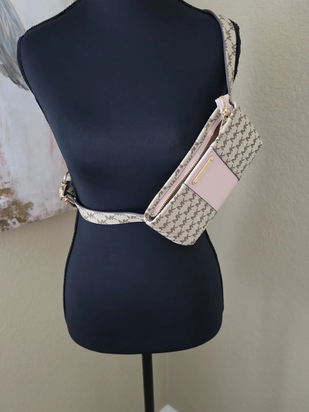 Michael Kors Beige and Pink Patterned Crossbody Bag Or Fanny Pack.